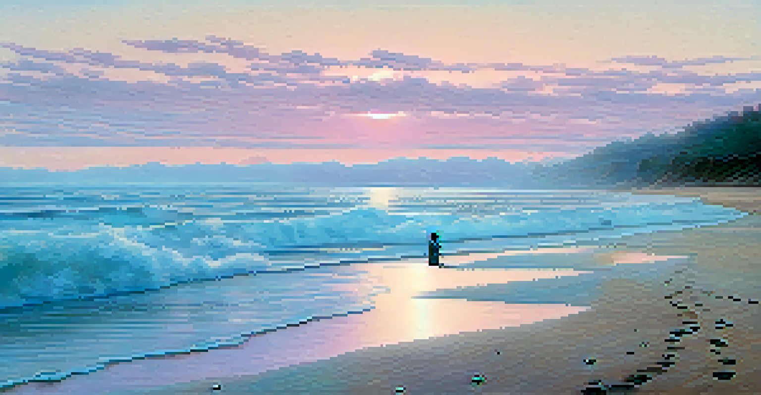 A peaceful beach at dawn with soft pastel skies and a figure meditating at the shore.