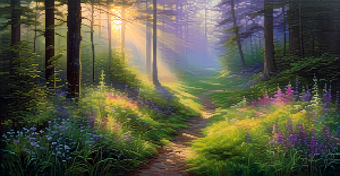 A serene forest at dawn with sunlight filtering through trees and colorful wildflowers in a misty clearing.
