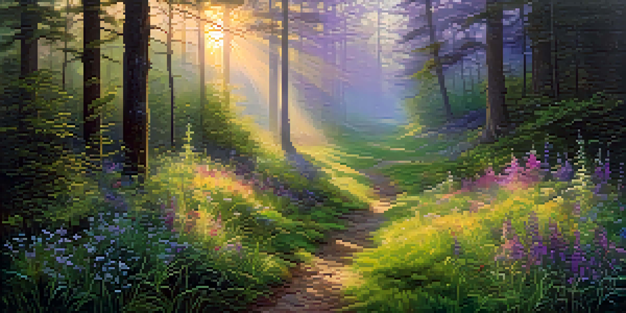 A serene forest at dawn with sunlight filtering through trees and colorful wildflowers in a misty clearing.