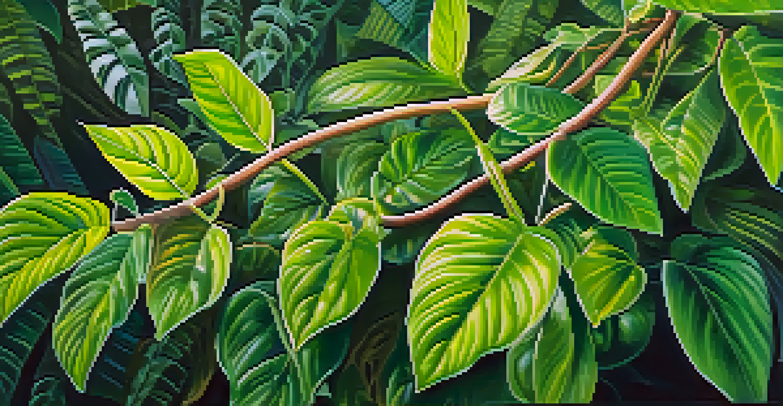 A close-up of an ayahuasca vine surrounded by green tropical plants, with sunlight casting soft shadows.