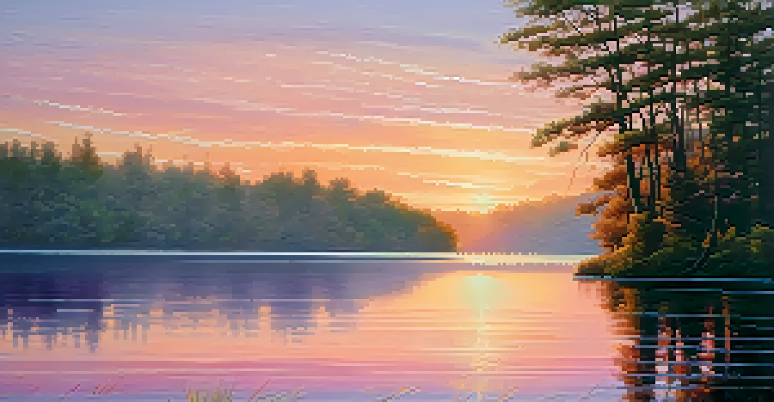 A person standing by a peaceful lake at sunrise, arms open wide, with water reflecting soft hues of orange, pink, and purple.