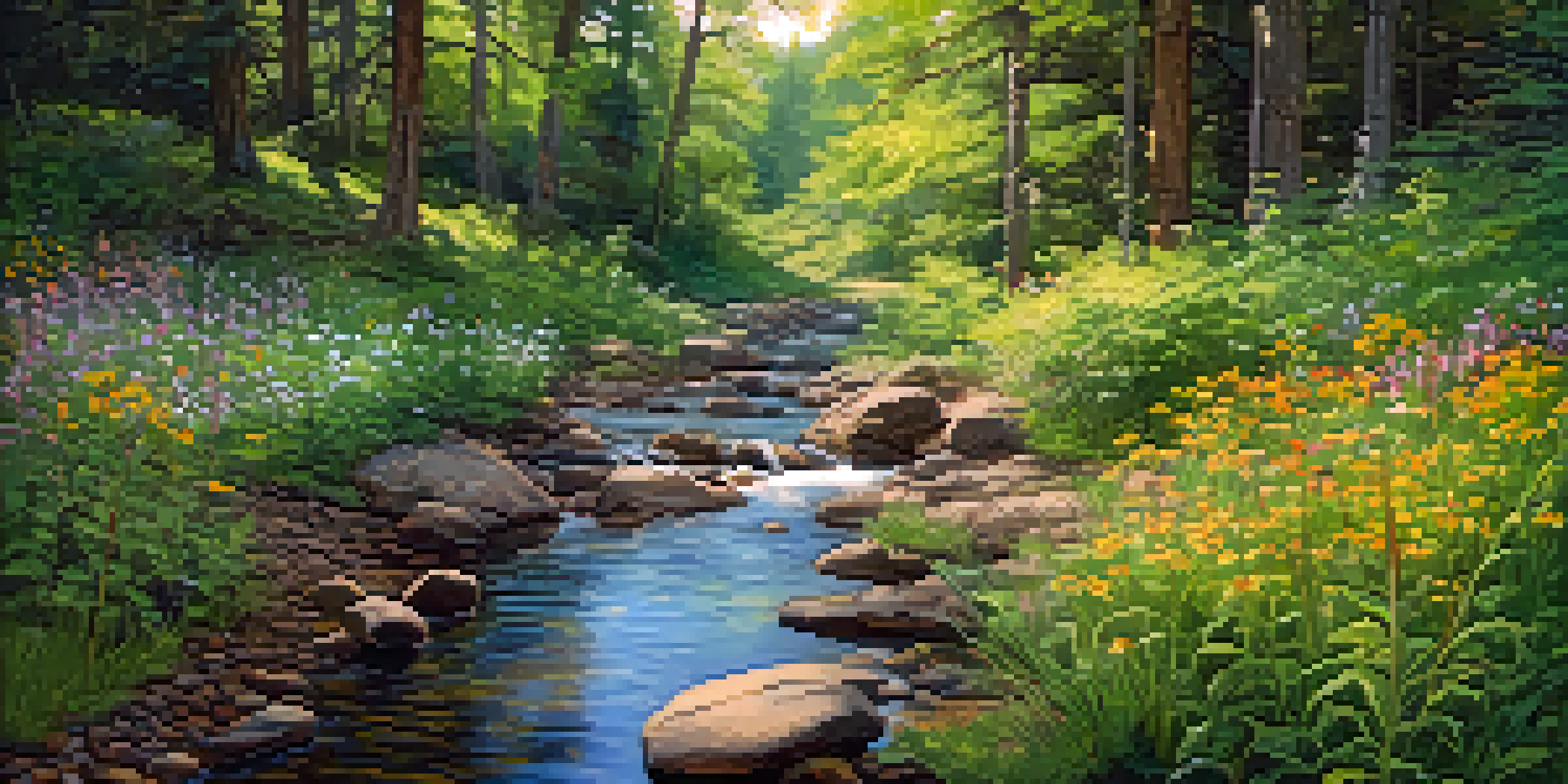 A peaceful forest scene with sunlight filtering through trees, a stream, and blooming wildflowers.