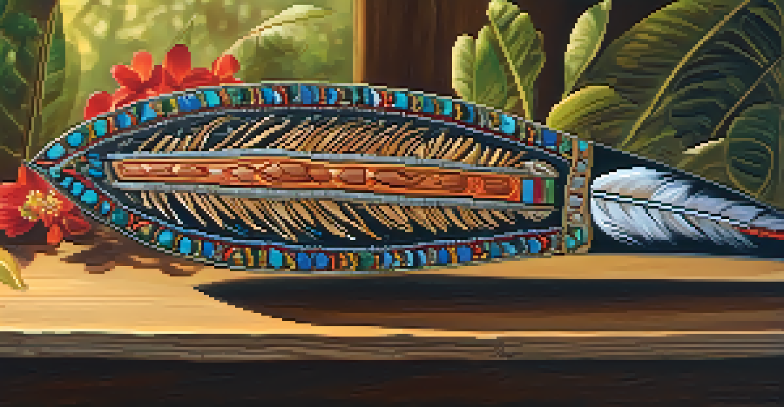 A close-up of a traditional shamanic tool on a wooden altar, surrounded by nature elements and warm lighting.