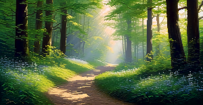 A tranquil forest with a winding path, tall trees, and blooming wildflowers under soft sunlight.