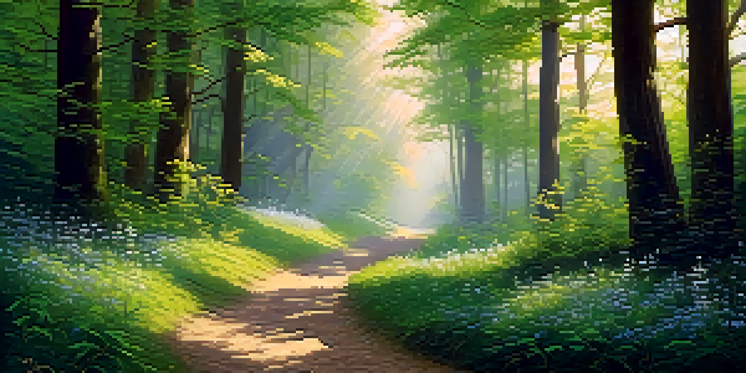 A tranquil forest with a winding path, tall trees, and blooming wildflowers under soft sunlight.