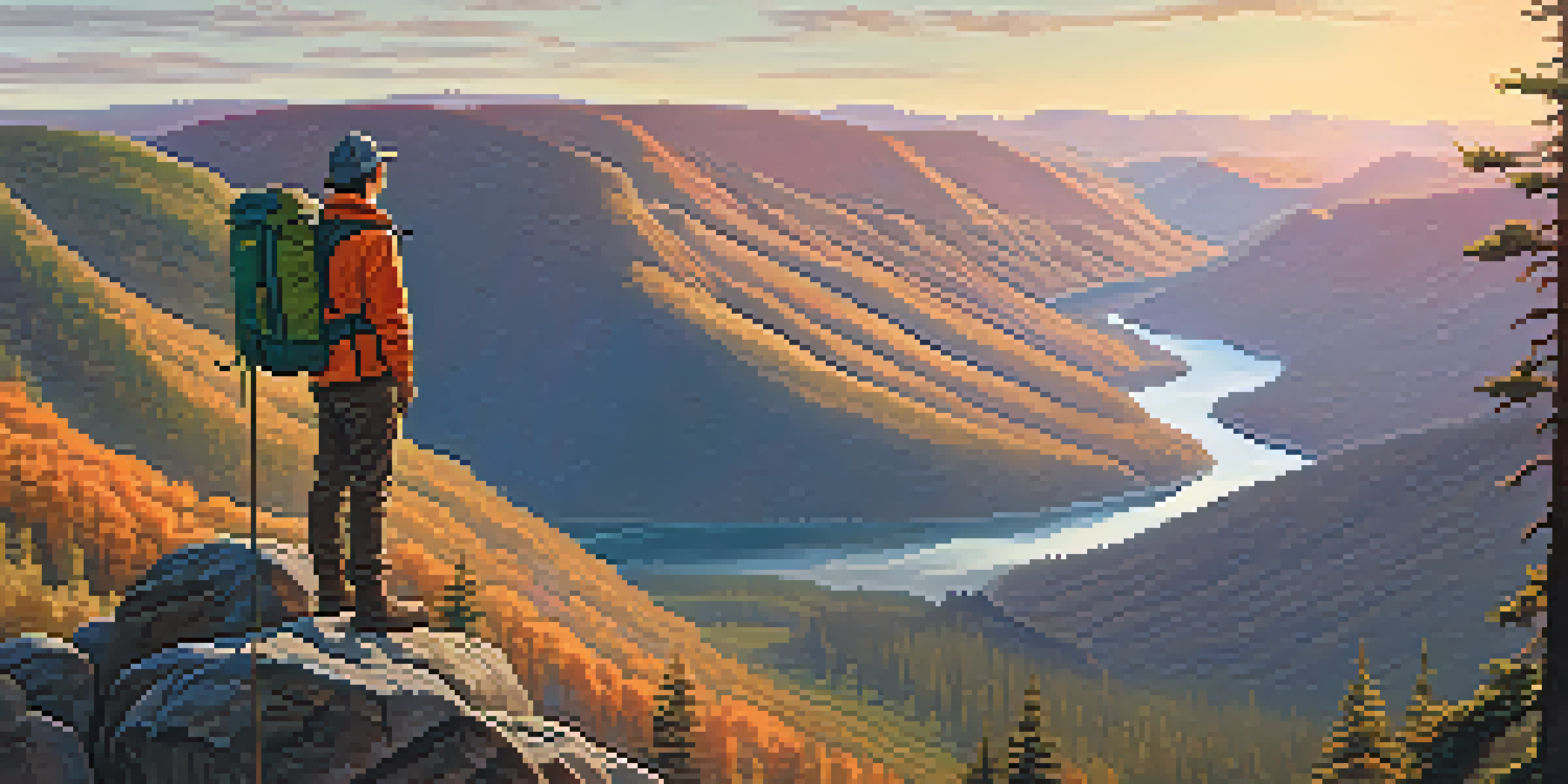 A hiker at the edge of a cliff during sunrise, looking over a lush green valley with a winding river.