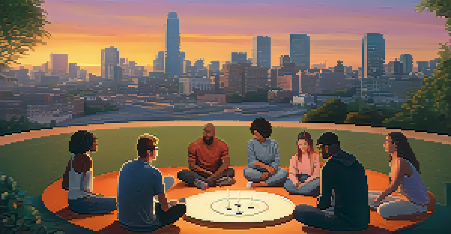A diverse group of people sitting in a circle, sharing experiences with entheogens in a modern urban setting, with a city skyline at sunset in the background.