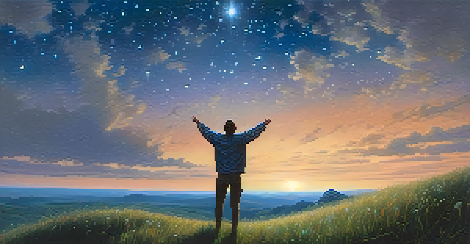 A person standing on a hilltop at dusk with arms raised toward a star-filled sky, symbolizing spirituality and interconnectedness.