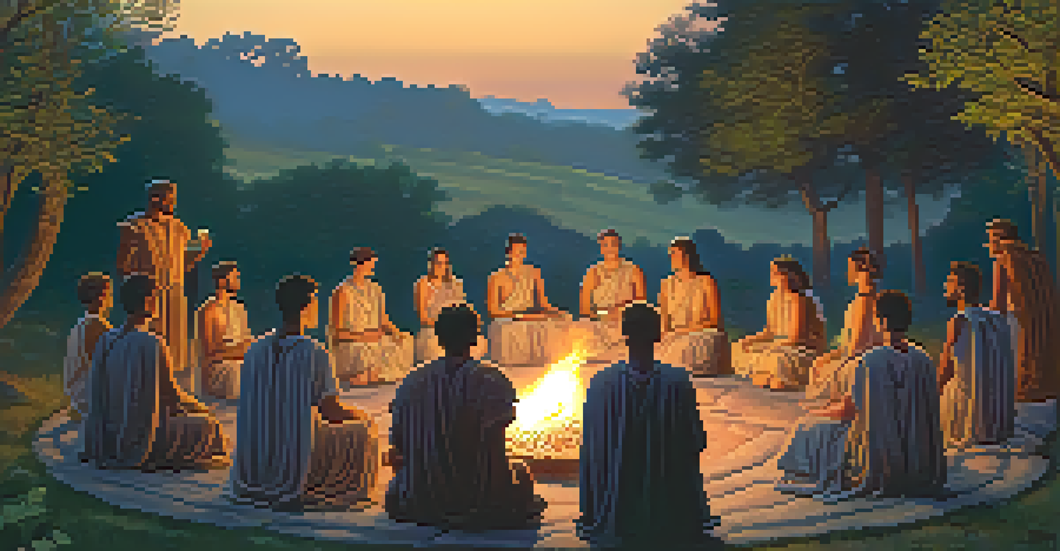 An ancient Roman mystery ritual at dusk with participants gathered around a fire, surrounded by nature.