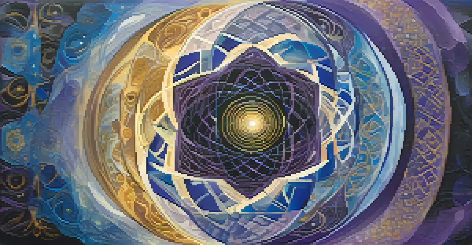 An abstract cosmic scene with swirling colors and a silhouette of a person surrounded by geometric patterns, representing consciousness expansion.