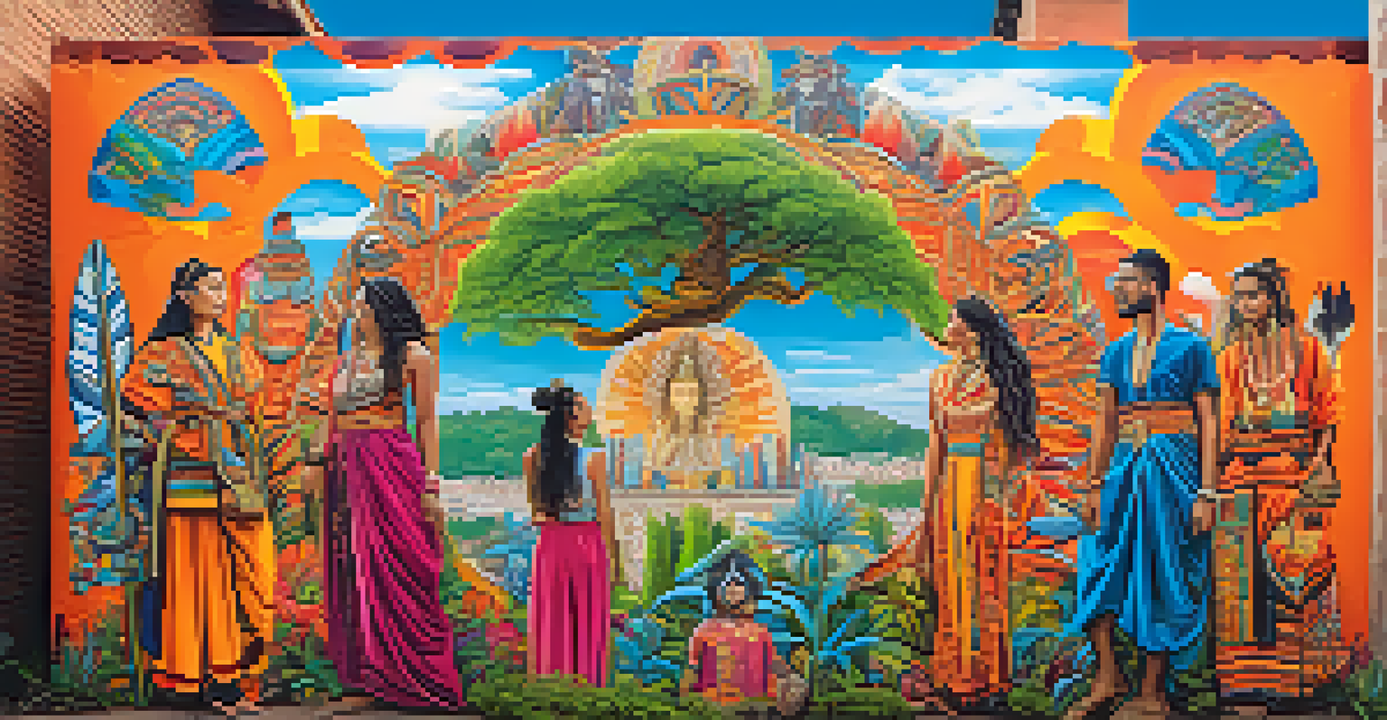 A colorful mural illustrating the cultural significance of entheogens with indigenous figures and plants.