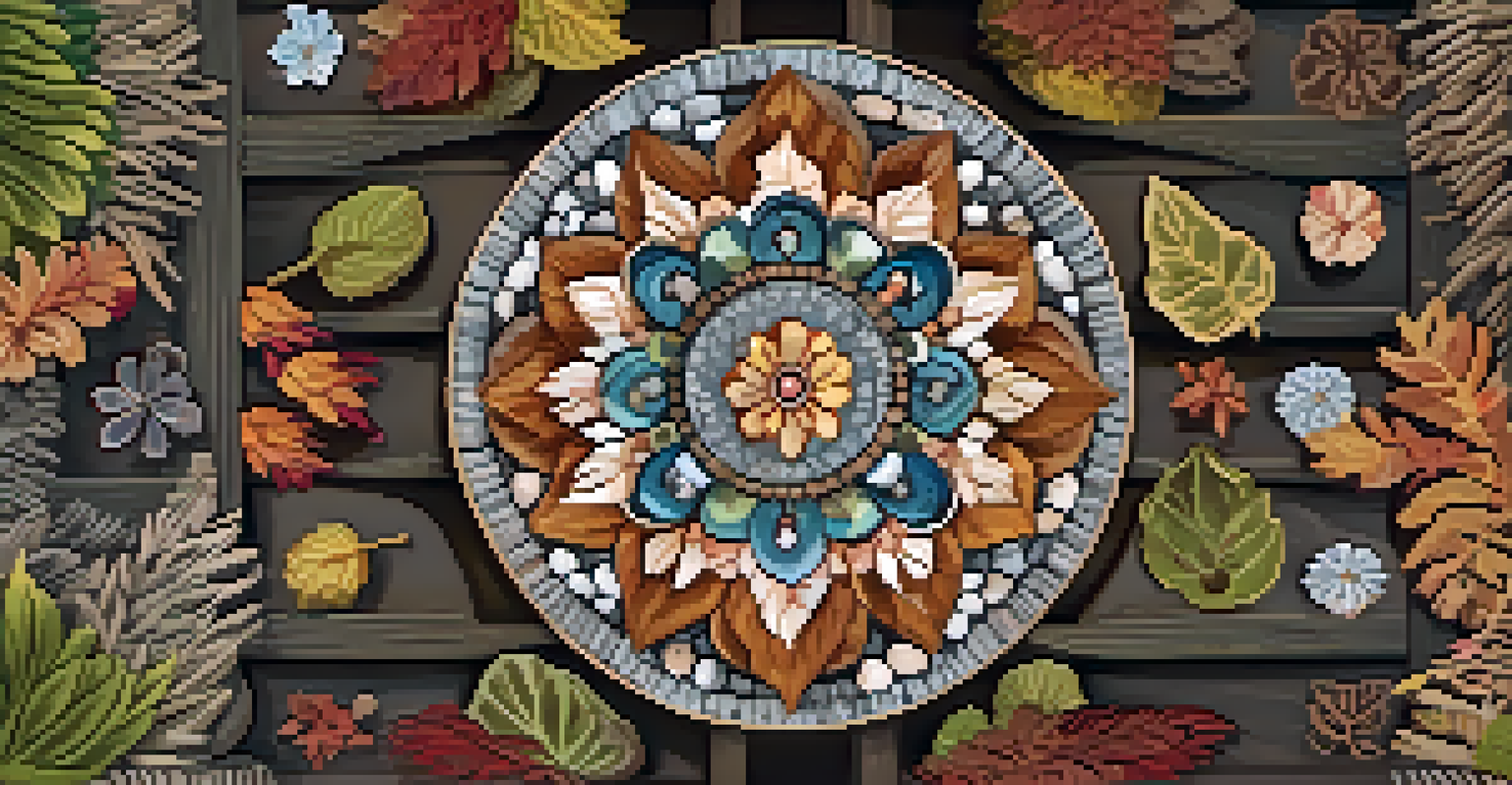 A mandala created from leaves, flowers, and stones on a wooden surface, showcasing intricate designs in earthy and vibrant colors.