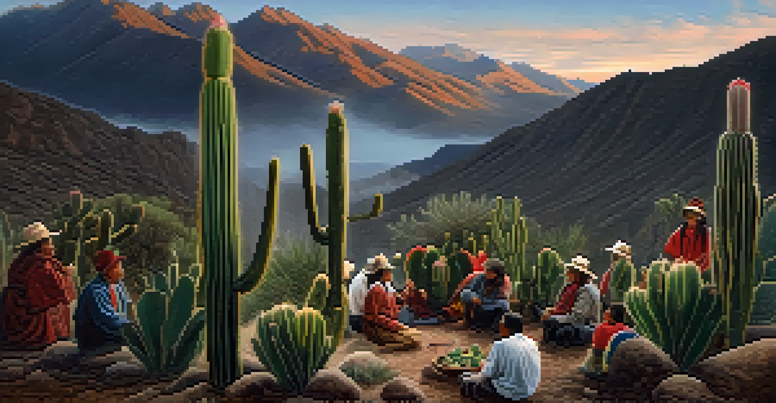 A group of people around a San Pedro cactus in a mountain landscape during a traditional Andean ritual.