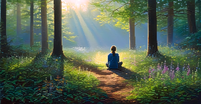 A peaceful forest scene at dawn with sunlight filtering through the trees, and a person meditating in a clearing surrounded by mist and wildflowers.