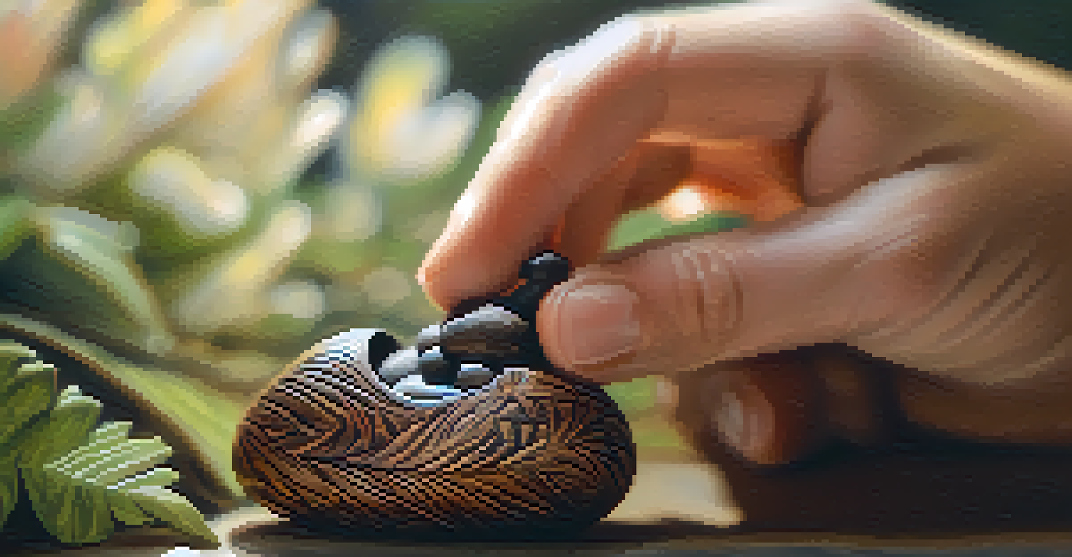 A close-up of hands holding a carved wooden figurine, with a blurred natural background, conveying a sense of peace and reflection.