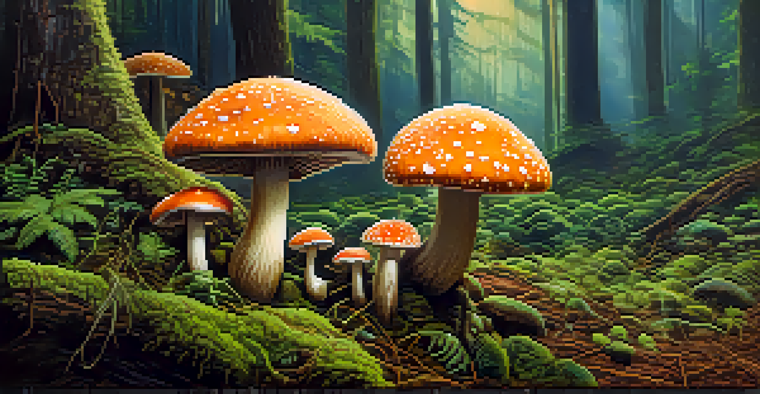 Close-up of psilocybin mushrooms in a green forest, showcasing their unique shapes and colors against textured soil and moss, illuminated by soft sunlight.