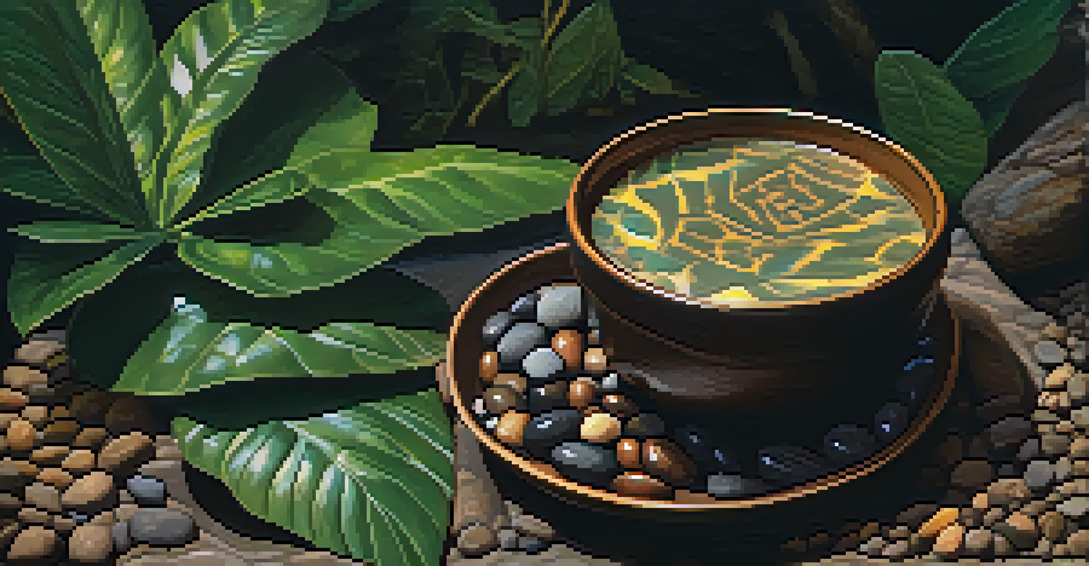 A hand holding a traditional cup of ayahuasca tea surrounded by natural materials like leaves and stones.