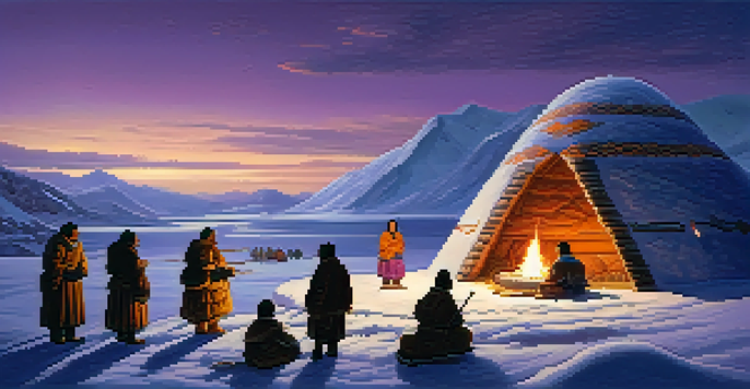 A tranquil Inuit landscape with igloos and mountains at dusk, featuring Inuit shamans in traditional clothing performing a healing ritual around a ceremonial fire.