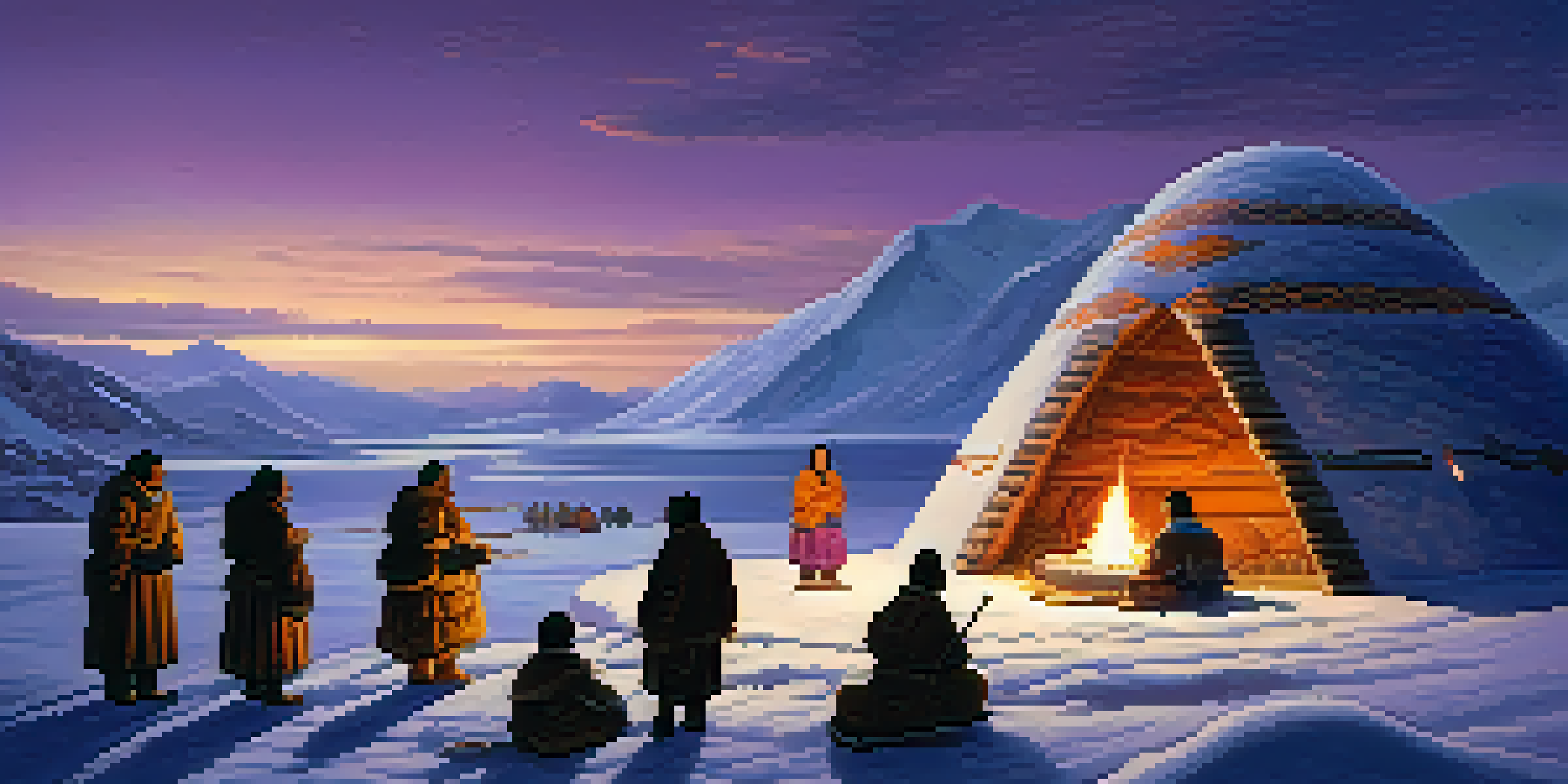 A tranquil Inuit landscape with igloos and mountains at dusk, featuring Inuit shamans in traditional clothing performing a healing ritual around a ceremonial fire.