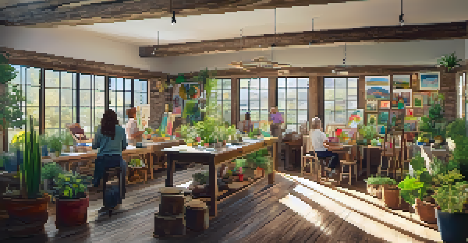 A diverse group of people engaged in a creative workshop, painting and collaborating in a sunlit rustic space filled with plants.