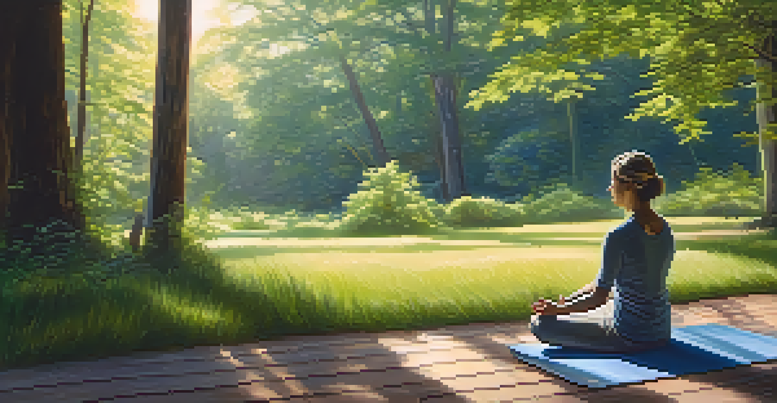 A person meditating on a yoga mat in a tranquil outdoor setting surrounded by trees and sunlight.