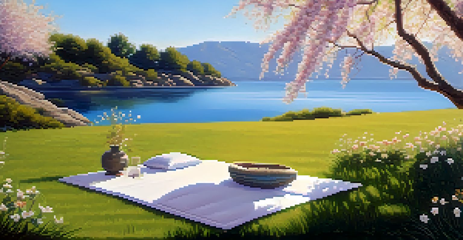 A peaceful meditation space outdoors with a mat on grass and blooming flowers under sunlight.