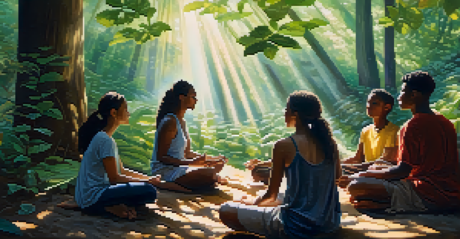 A diverse group of people meditating in a sunlit forest, surrounded by nature, reflecting tranquility and spiritual connection.
