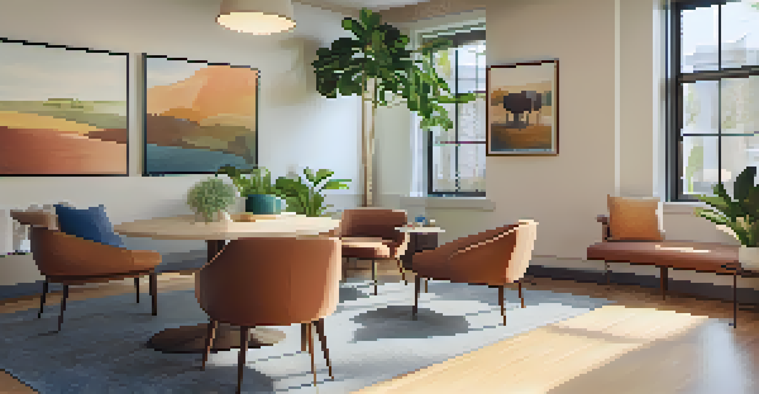 A warm and inviting therapy room with comfortable seating, plants, and soft lighting, designed for group discussions.