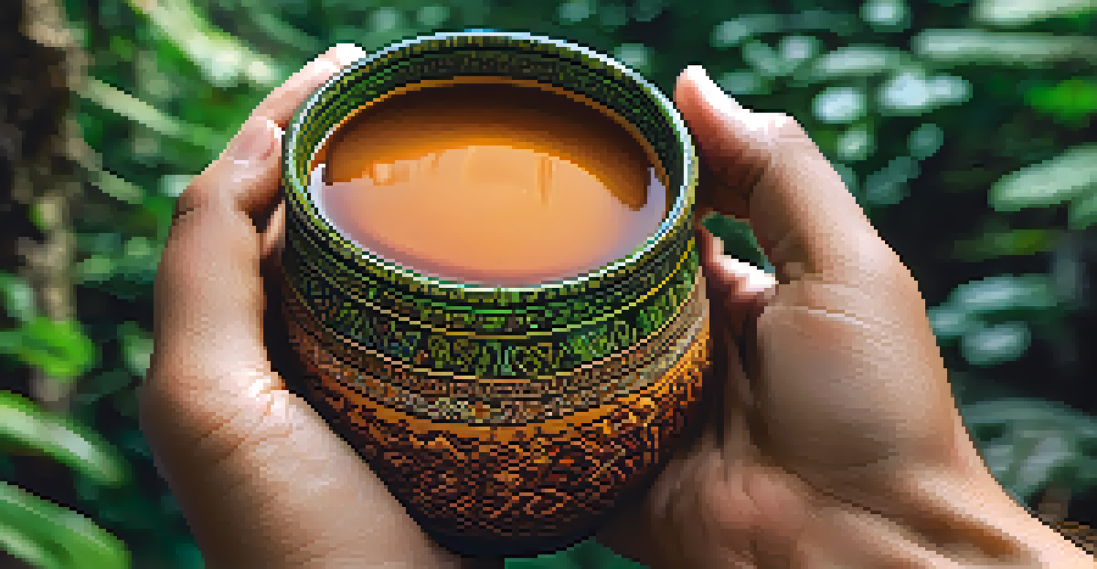 A hand holding a handmade ceramic cup filled with Ayahuasca brew, against a blurred green foliage background.