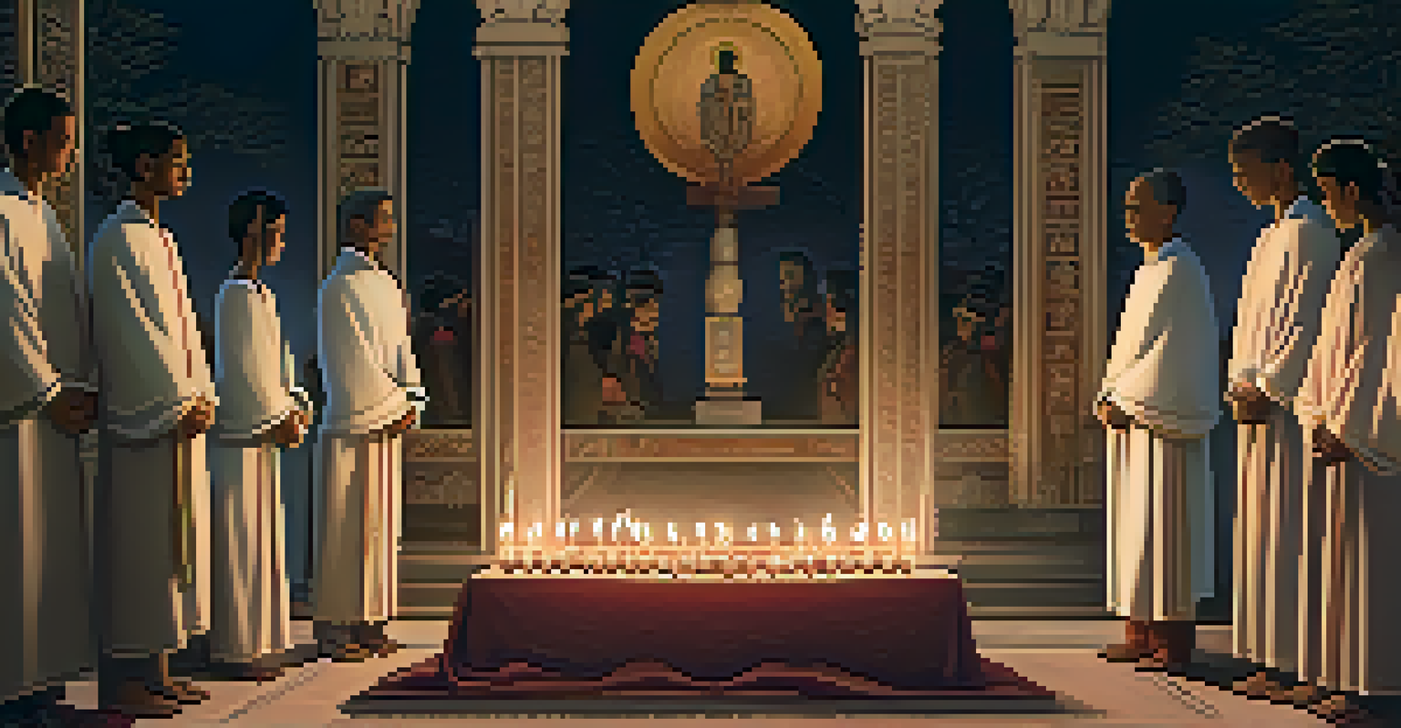 Participants holding hands in a dimly lit ceremonial space, surrounded by candles and incense on an altar.