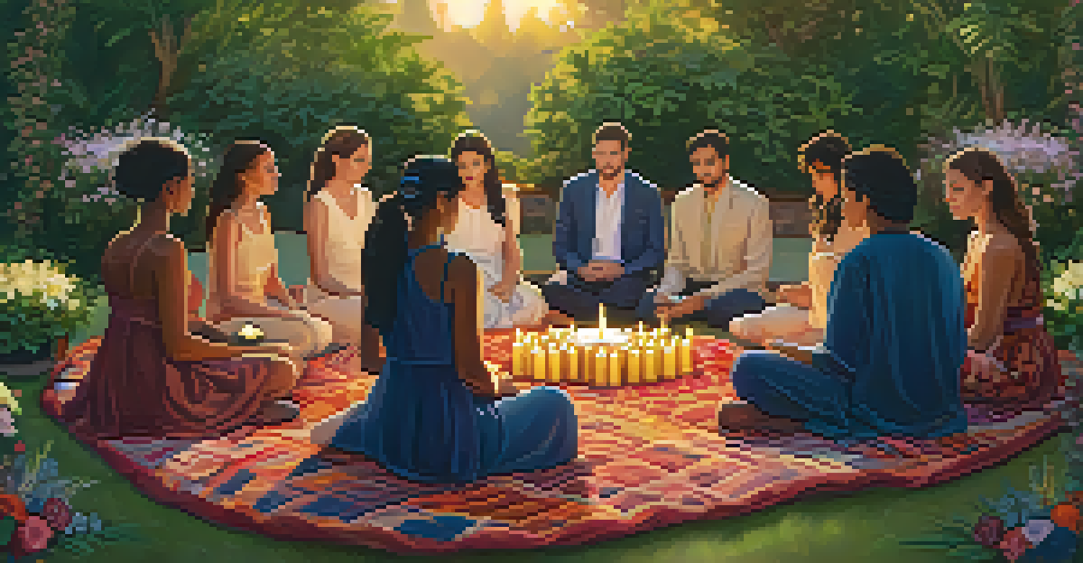A group of people in a garden ceremony, sitting in a circle on blankets with candles and flowers.