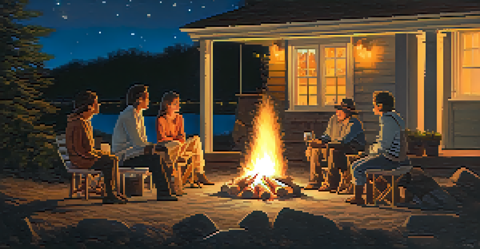 A cozy gathering around a fire under a starry sky, with participants expressing various emotions in the warm glow of the flames.