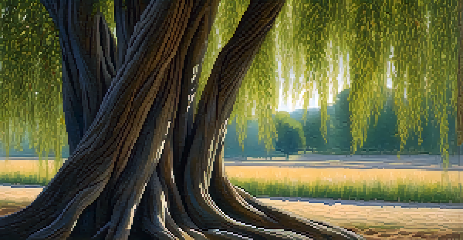 A close-up of a willow tree showcasing its bark and leaves, with agricultural fields blurred in the background.