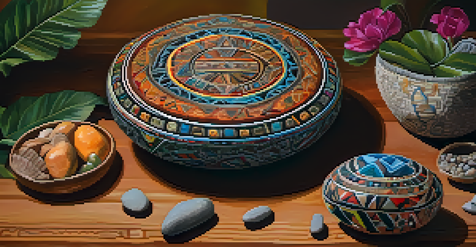 A close-up of an intricately designed indigenous ceremonial object on a wooden table, surrounded by natural elements.