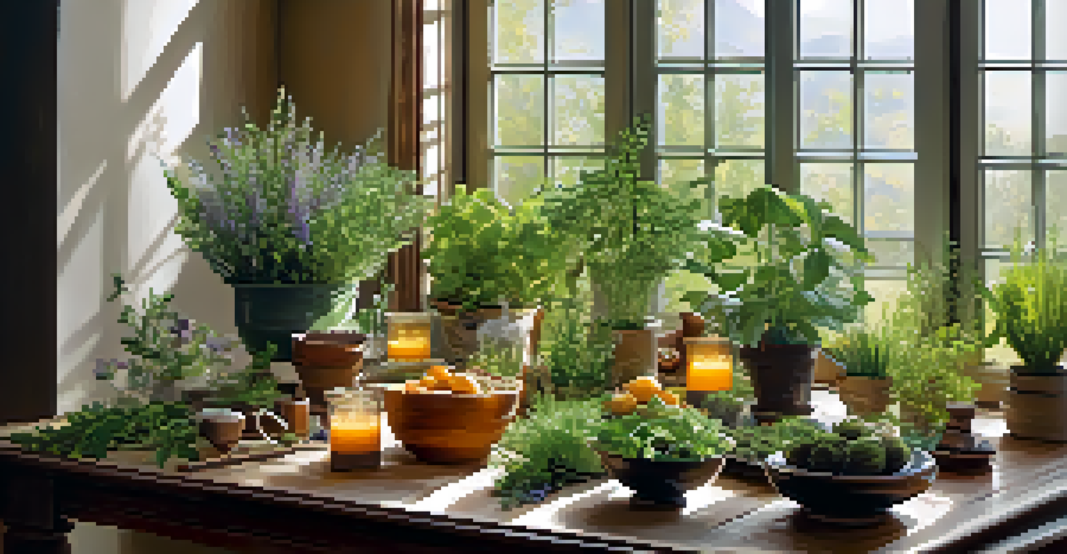 A table filled with herbs and plants arranged artistically, illuminated by sunlight, symbolizing healing and wellness.