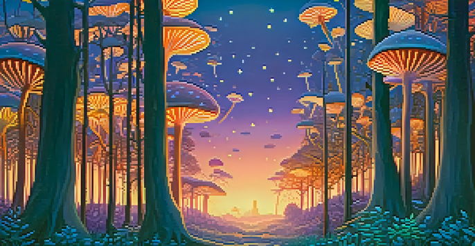 A tranquil forest at twilight with glowing mushrooms and fireflies, creating a magical atmosphere.