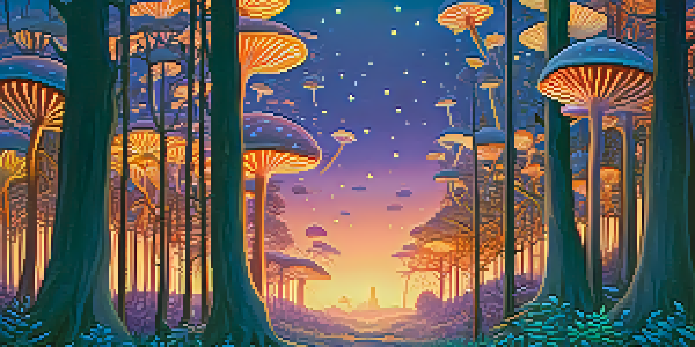 A tranquil forest at twilight with glowing mushrooms and fireflies, creating a magical atmosphere.