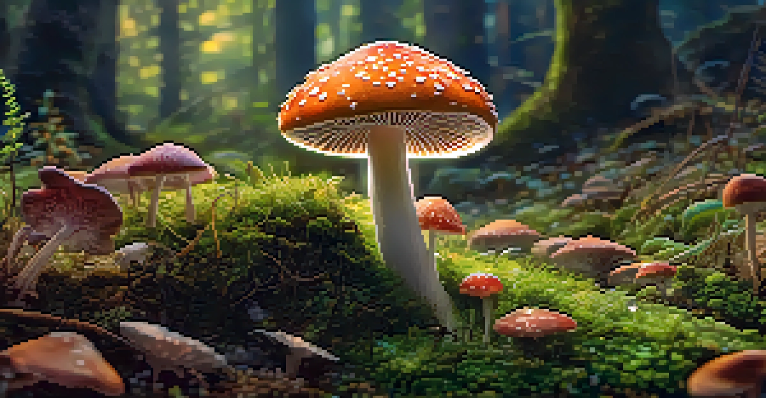 A close-up of a colorful psychedelic mushroom on moss, with dew drops and soft morning light illuminating the scene.