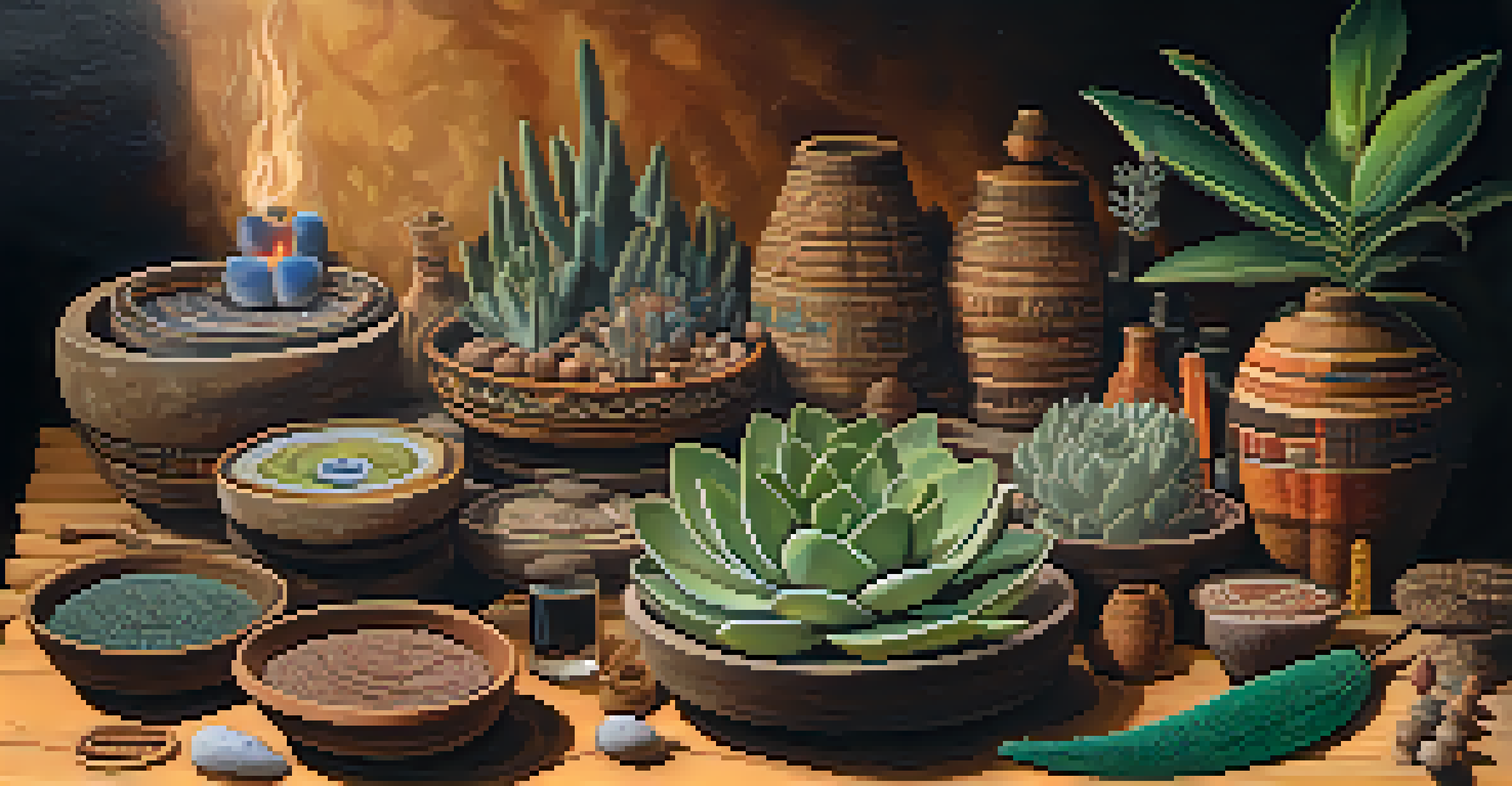 A wooden table displaying different entheogens like peyote and ayahuasca, with warm lighting and cultural decorations in the background.