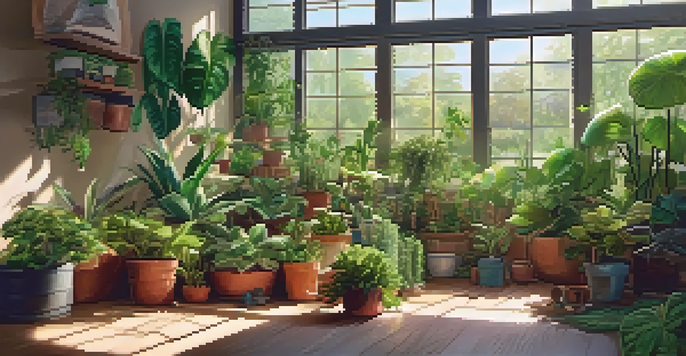 An indoor garden filled with healthy green plants, illuminated by sunlight filtering through a window, with gardening tools in the background.