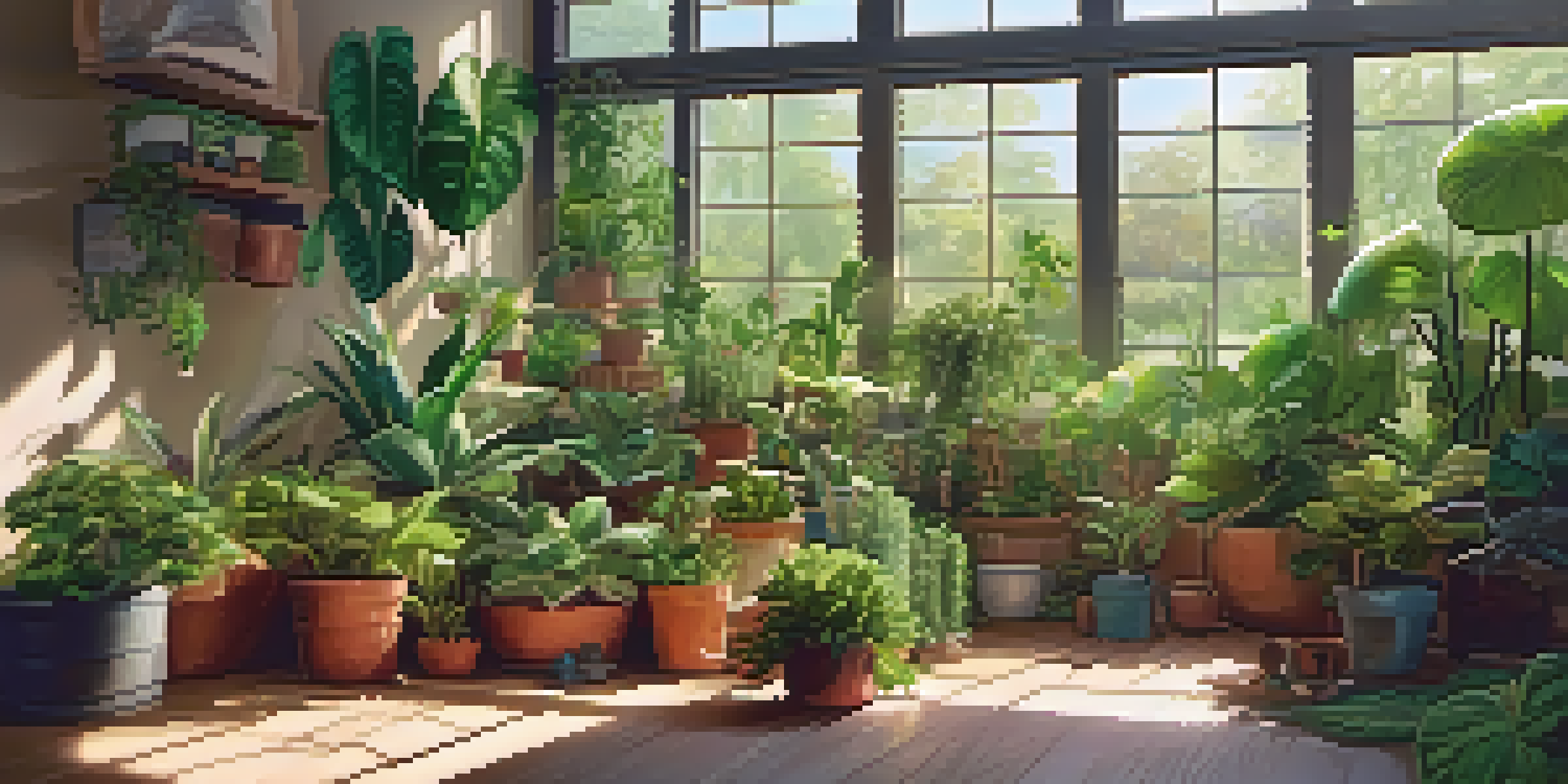 An indoor garden filled with healthy green plants, illuminated by sunlight filtering through a window, with gardening tools in the background.
