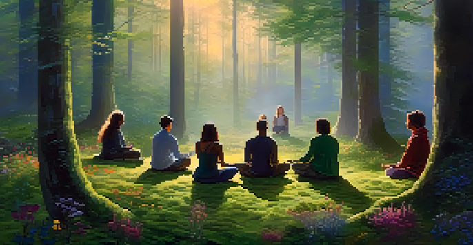 A peaceful forest at dawn with individuals meditating in a circle, surrounded by greenery and mist.