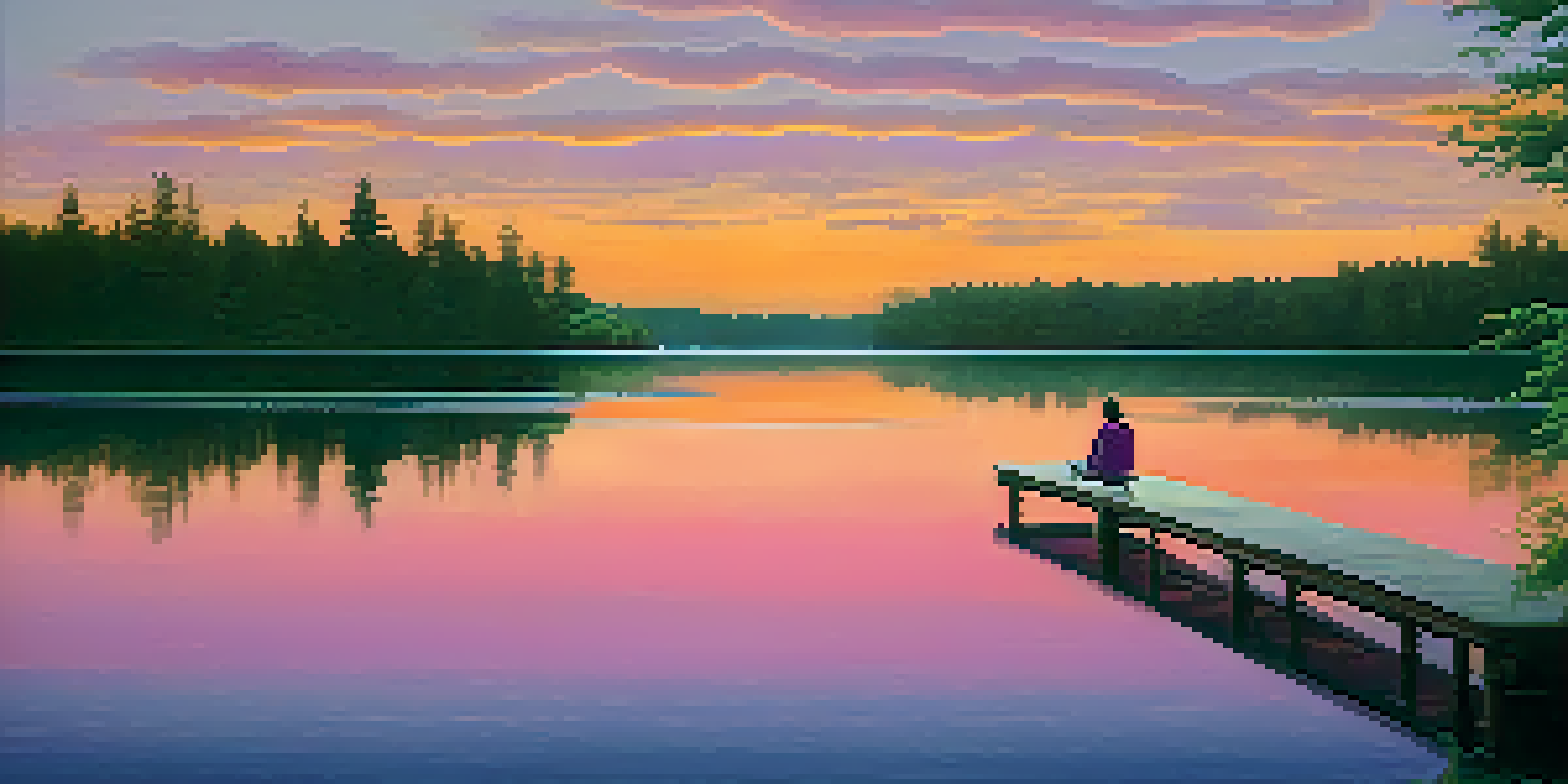 A peaceful lake at sunset with a figure sitting on a dock, surrounded by greenery.
