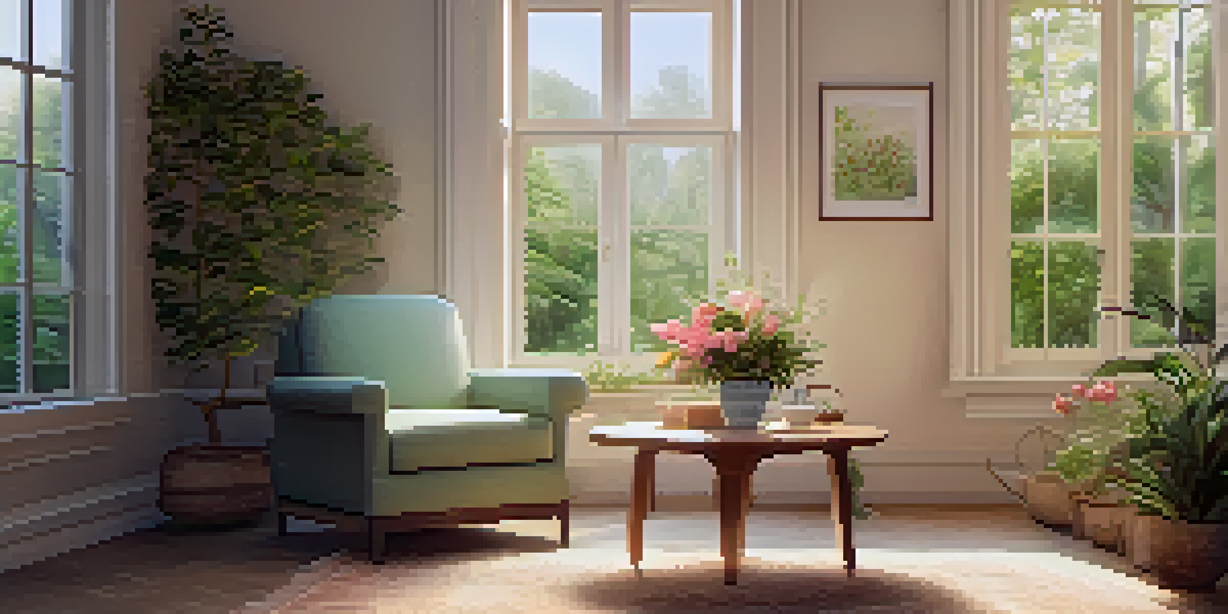 A calming therapy room with warm lighting, a comfortable chair, and a view of a tranquil garden.