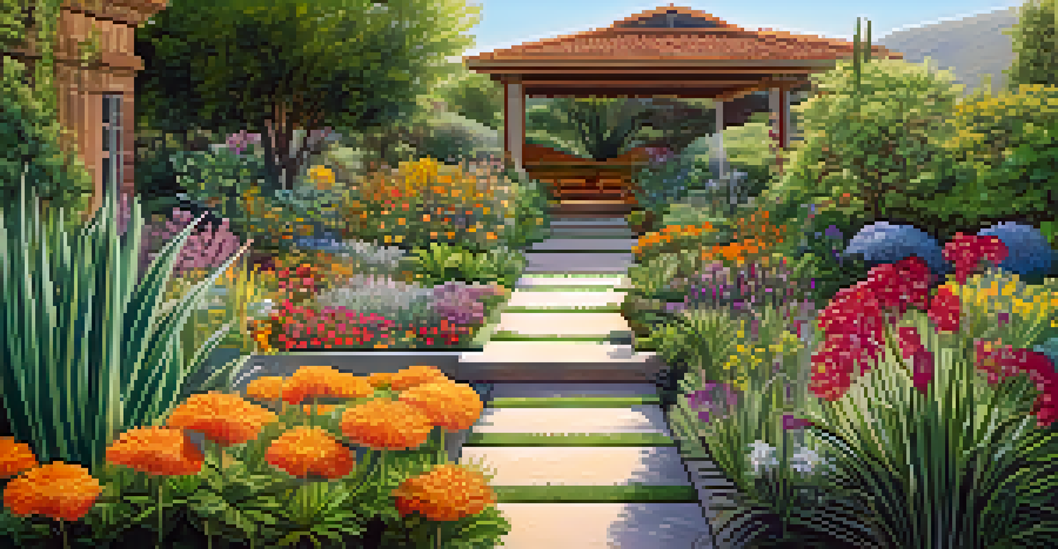 A colorful outdoor garden with thriving entheogenic plants, showcasing a rainwater collection system and seasonal flowers in bloom.