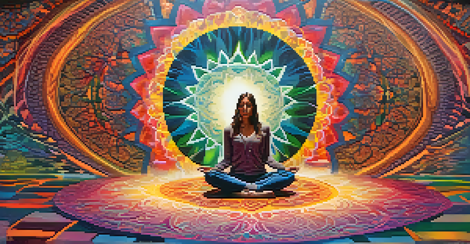 A figure meditating on a colorful mandala with swirling colors and abstract shapes in the background, symbolizing spiritual exploration.