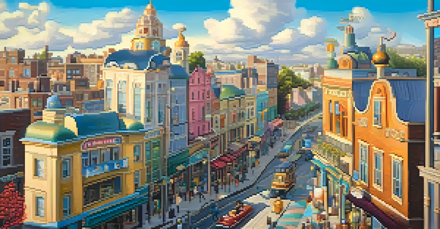 A surreal city with buildings shaped like teacups and guitars under a colorful sky filled with fluffy clouds.