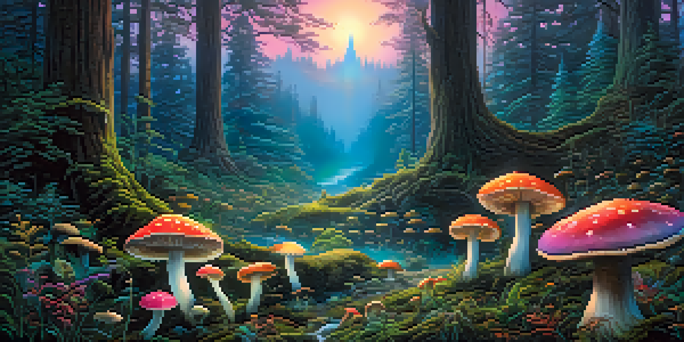A magical forest with glowing mushrooms and ethereal lights under a twilight sky, showcasing vibrant colors and intricate details.