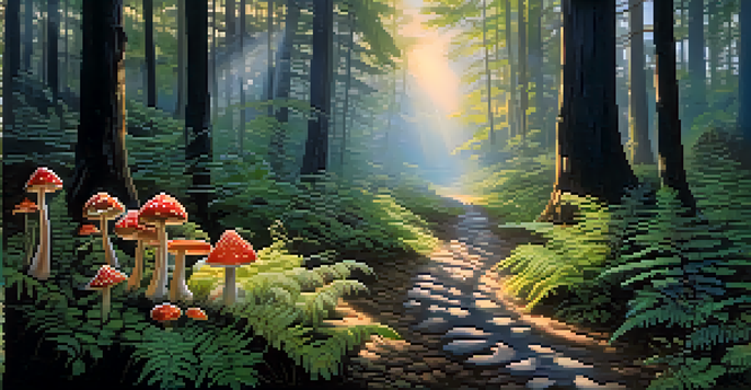 A peaceful forest at dusk with soft light filtering through trees and a winding path lined with colorful mushrooms.
