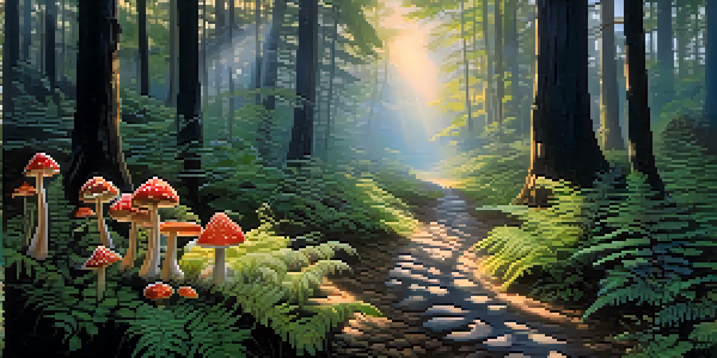 A peaceful forest at dusk with soft light filtering through trees and a winding path lined with colorful mushrooms.